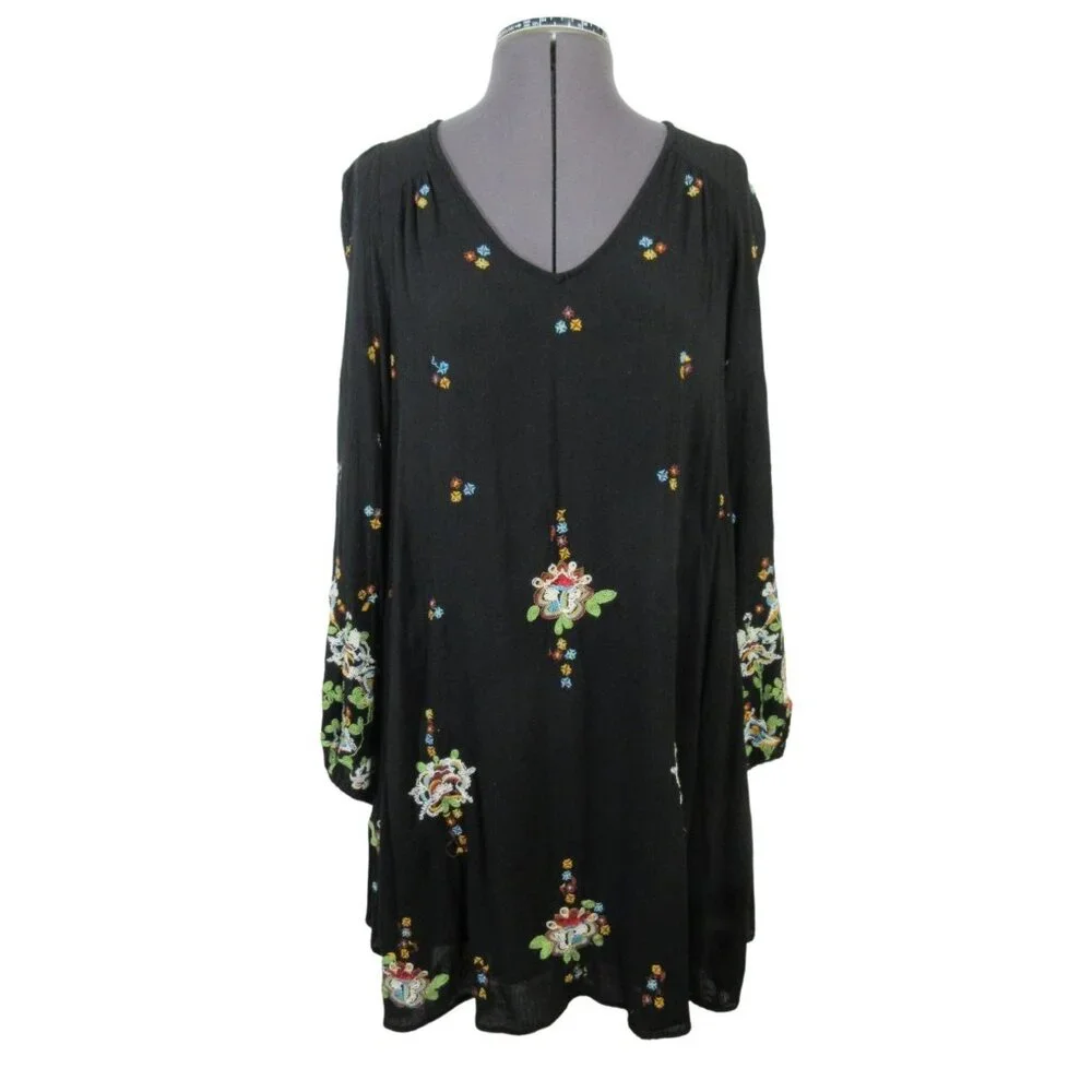 Free People women's Oxford embroidered‎ swing babydoll long sleeve mini dress, S